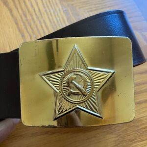 Genuine Russian Army belt from 70’s. Brass buckle w/37” adjustable leather belt.